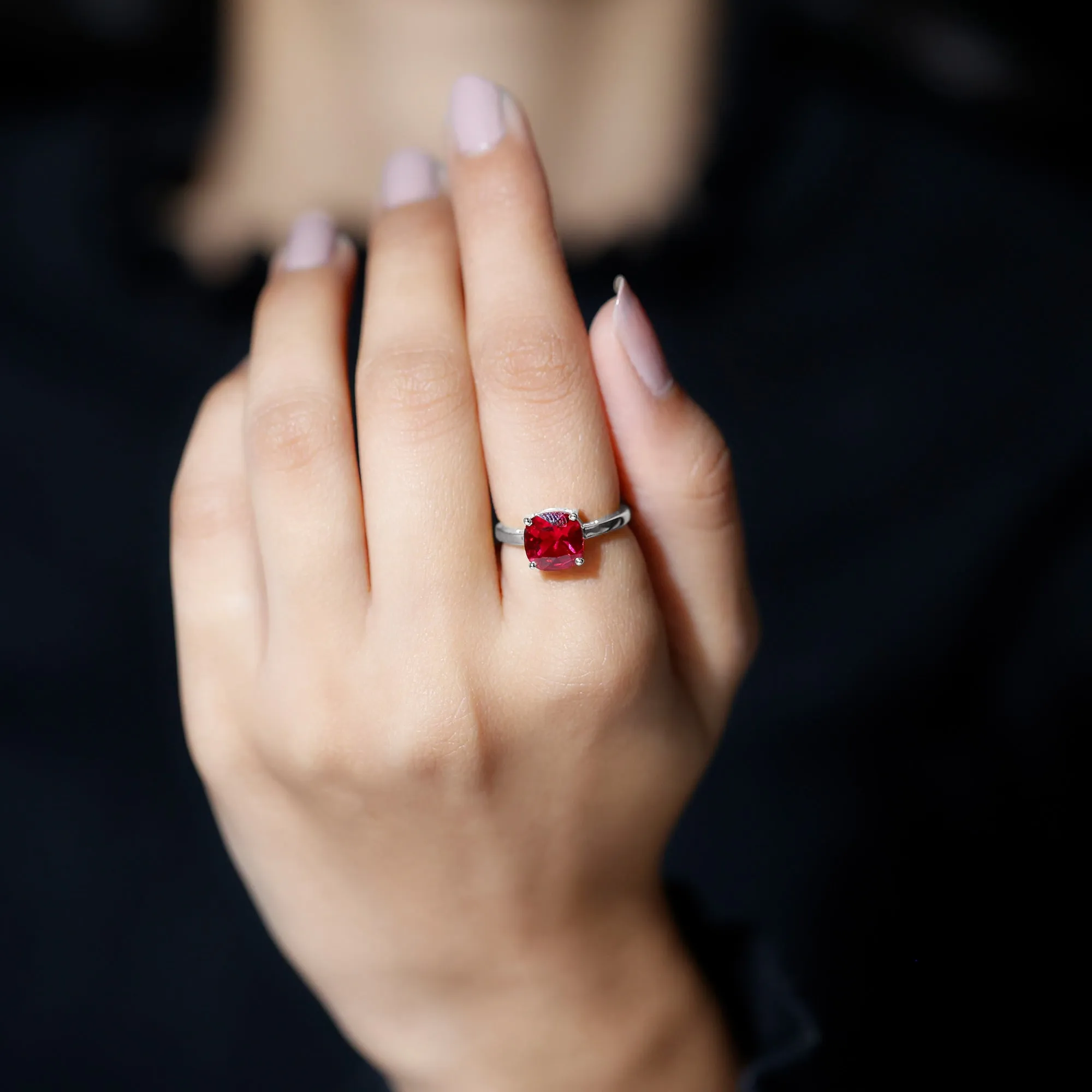 8 MM Cushion Cut Created Ruby Solitaire Ring