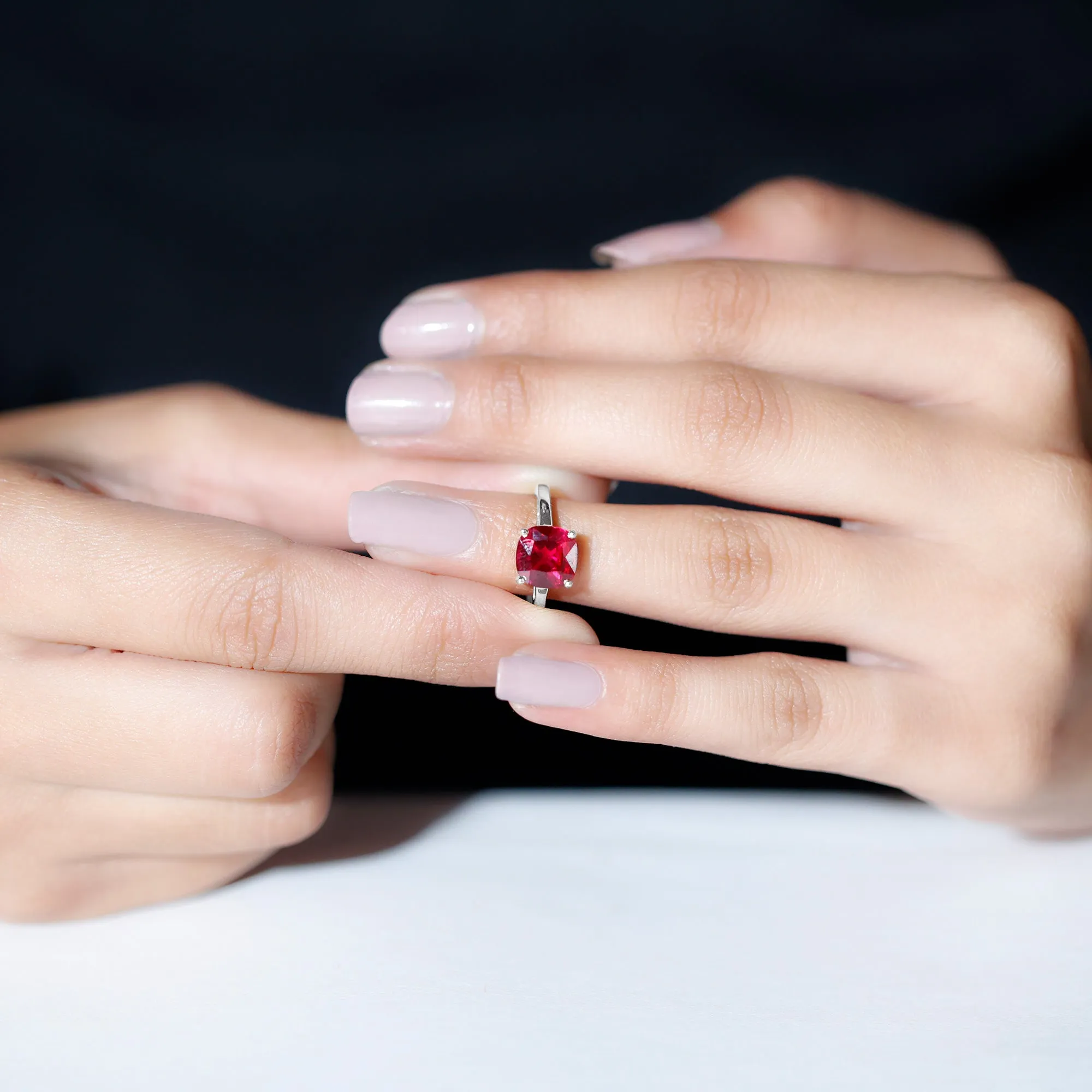 8 MM Cushion Cut Created Ruby Solitaire Ring