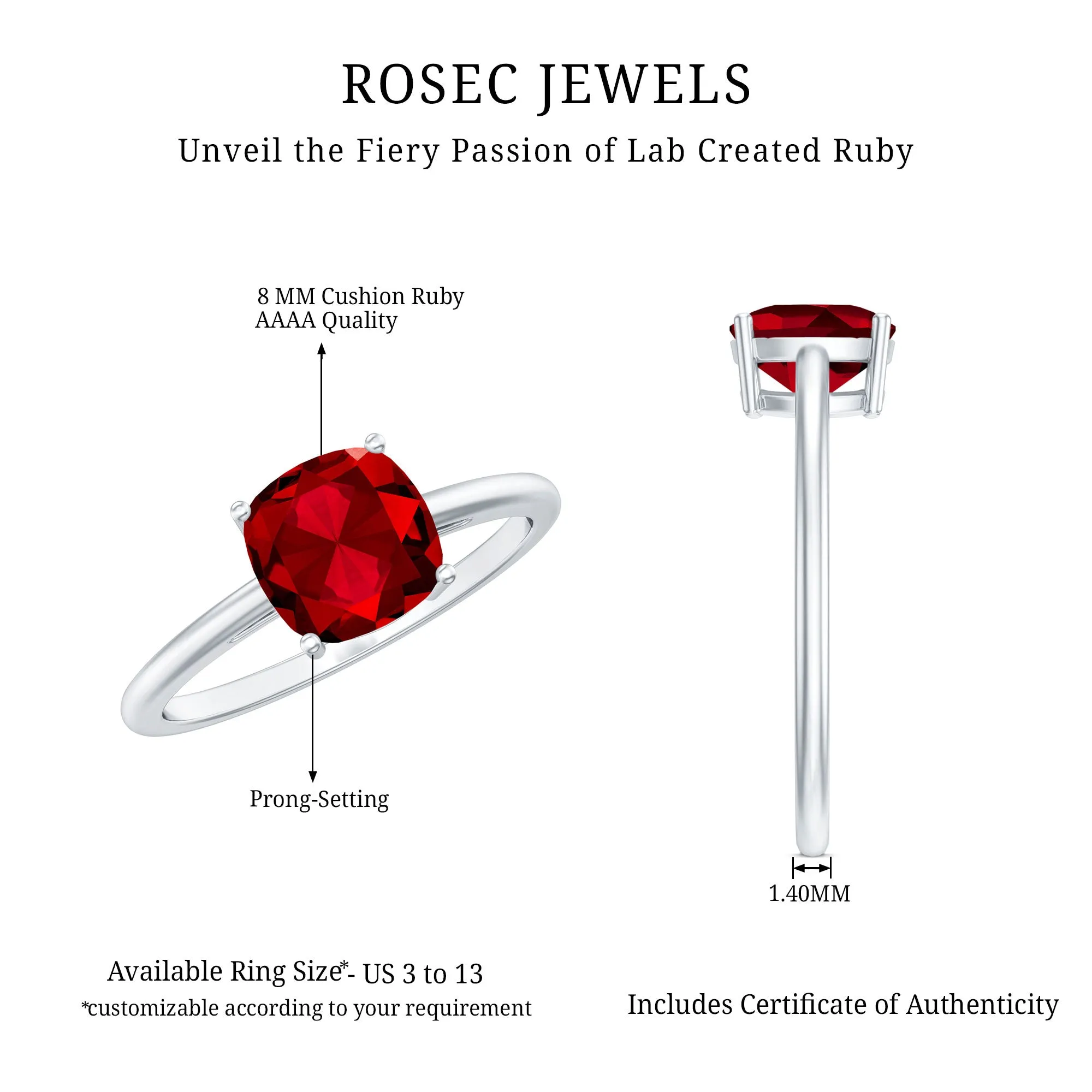 8 MM Cushion Cut Created Ruby Solitaire Ring