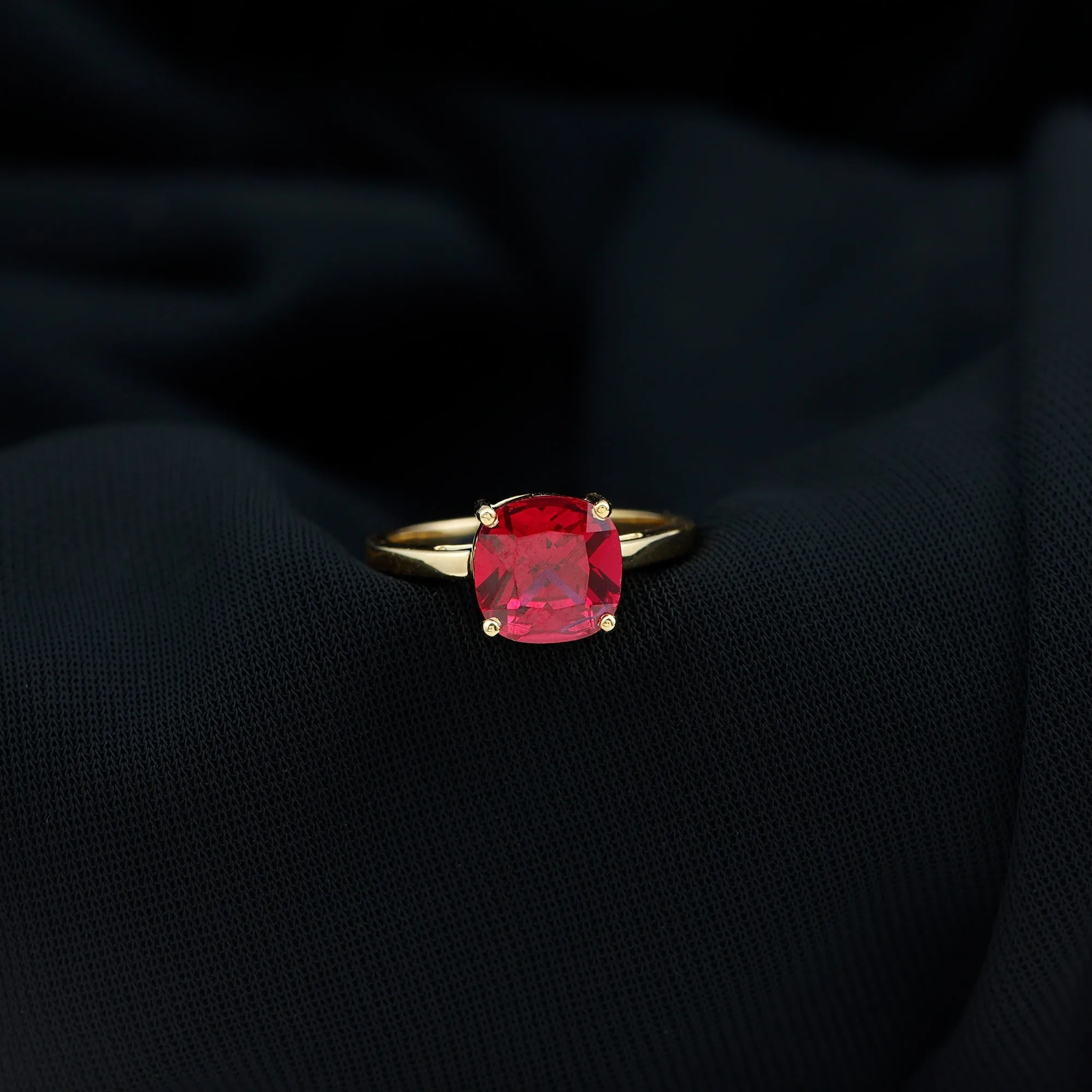 8 MM Cushion Cut Created Ruby Solitaire Ring