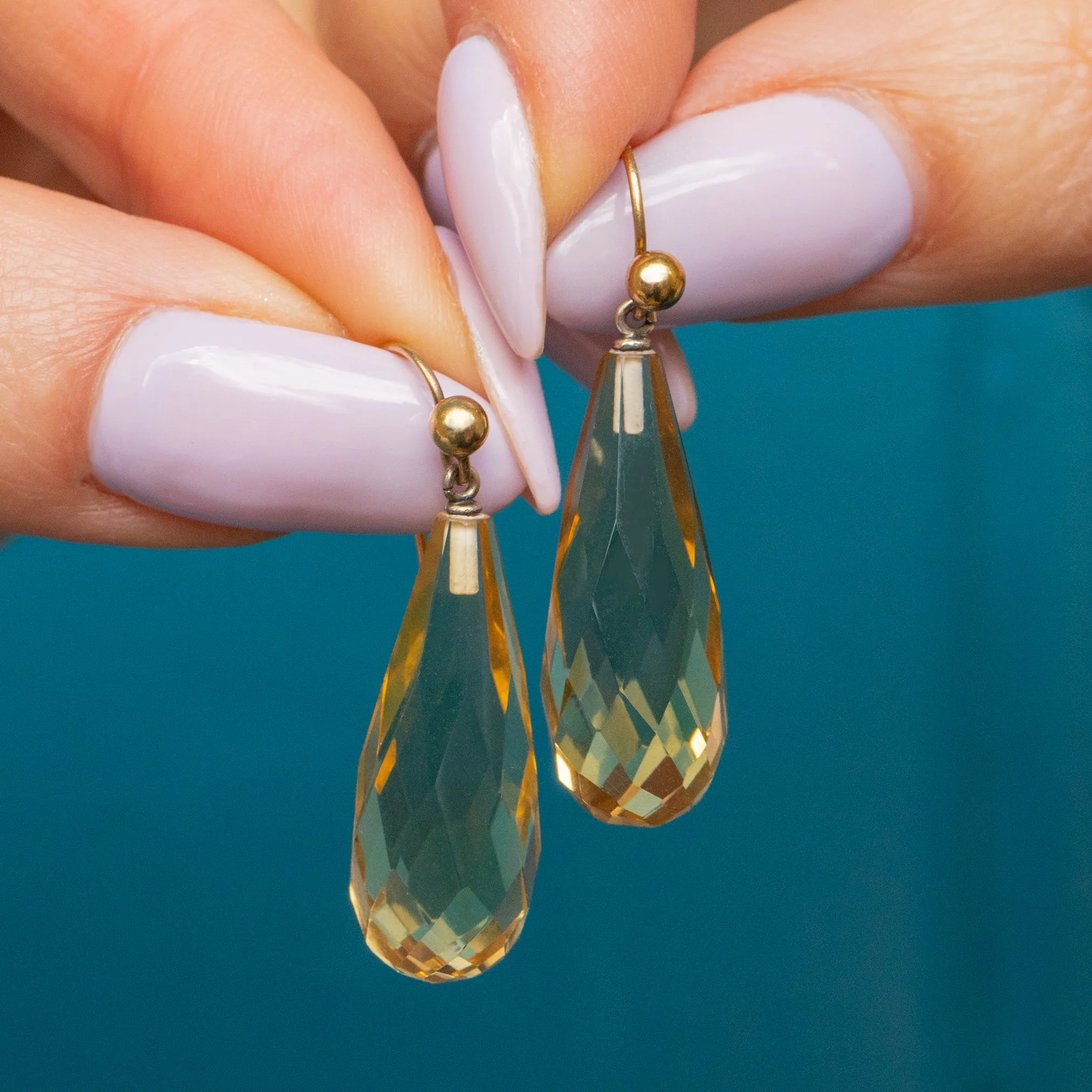 Antique 9ct Gold Citrine Briolette Drop Earrings