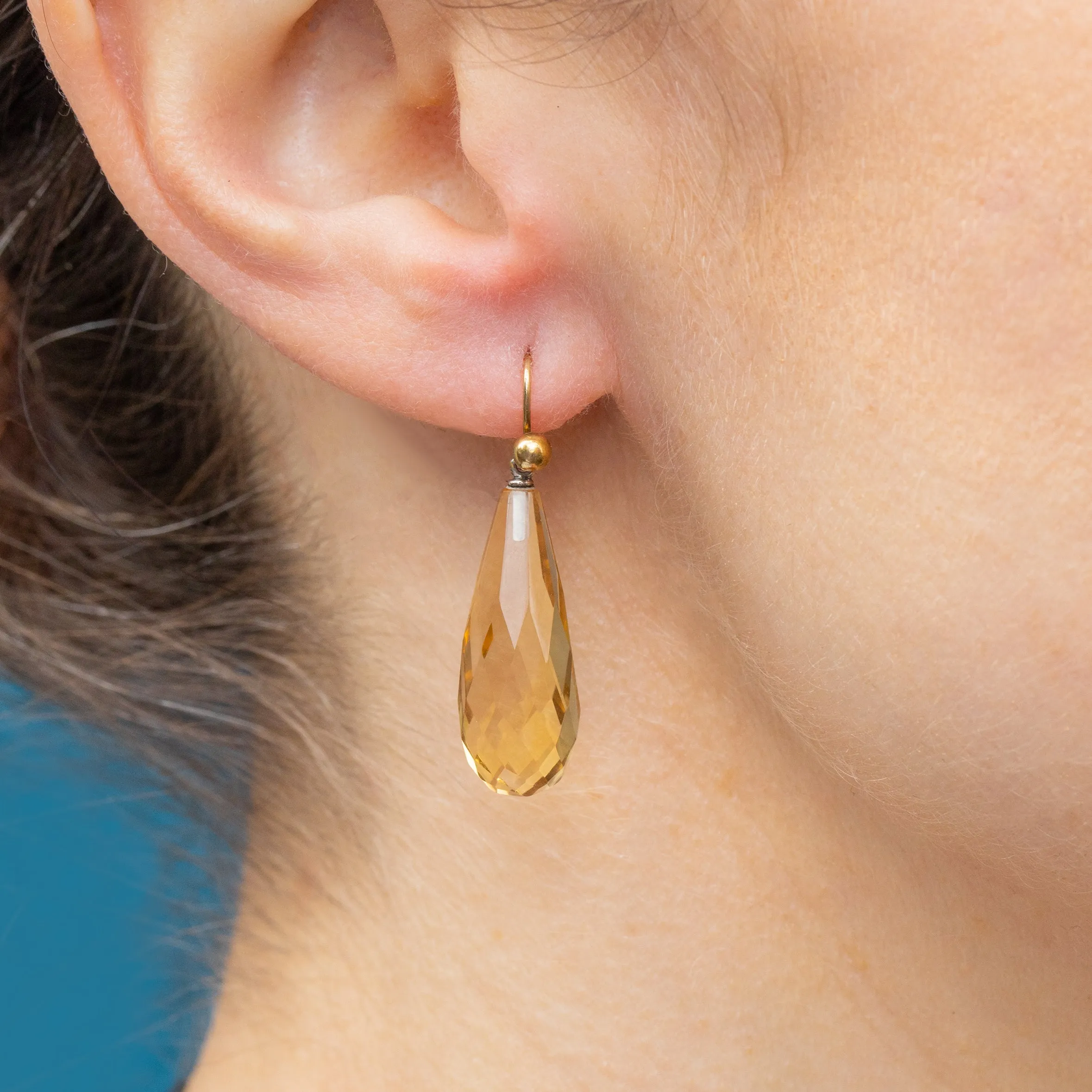 Antique 9ct Gold Citrine Briolette Drop Earrings