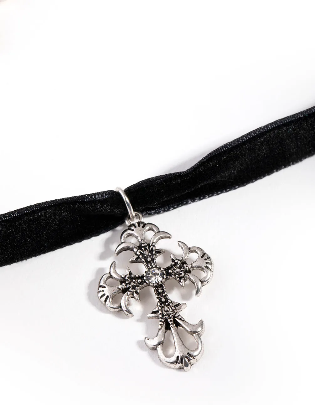 Antique Silver & Suede Cross Choker