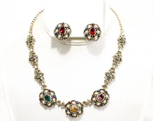 Antique Style Necklace & Earrings - Victorian Look 1950s 1960s Ornate Gold Demi Parure - Green Gold Purple Red Rhinestones and Pearls