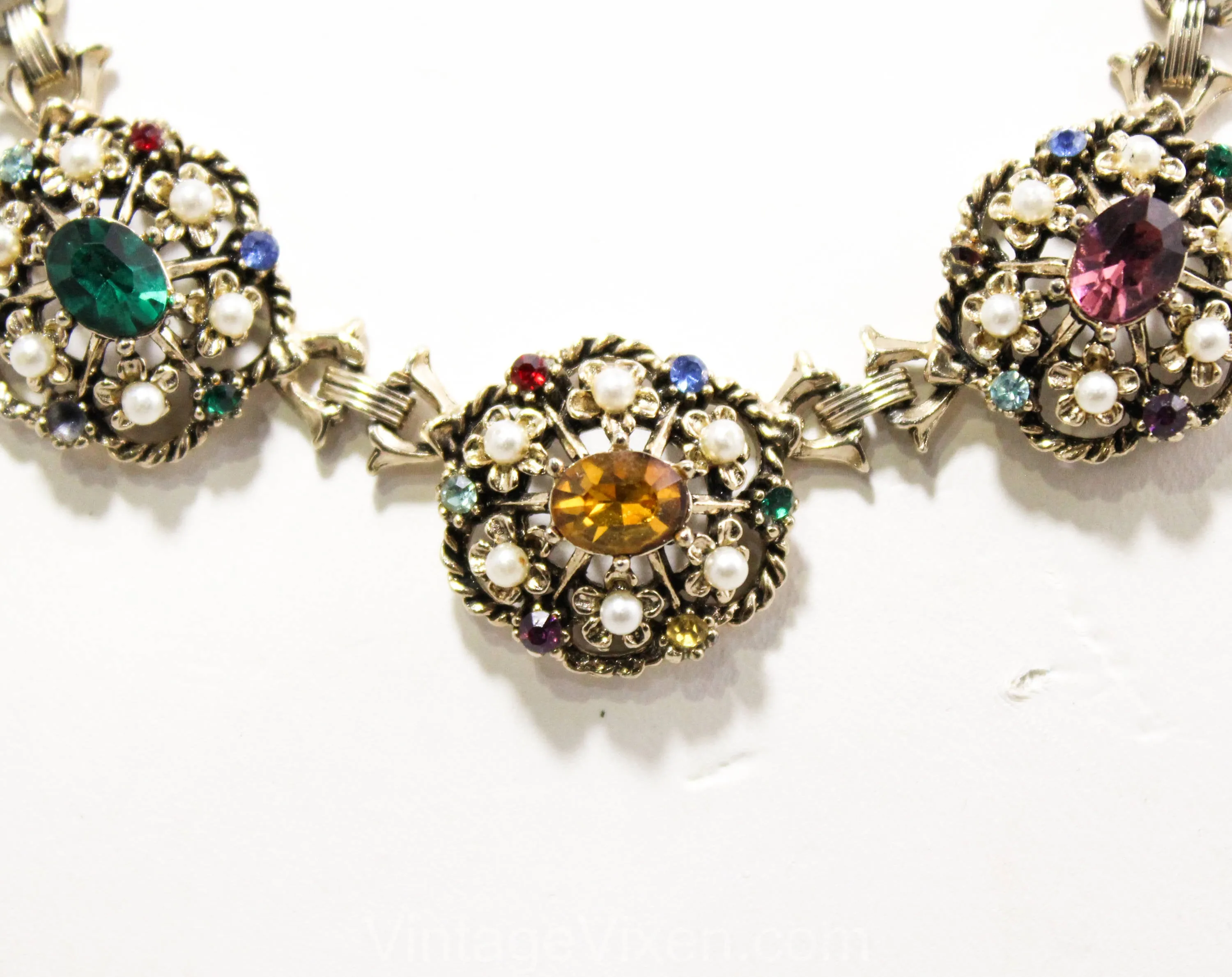 Antique Style Necklace & Earrings - Victorian Look 1950s 1960s Ornate Gold Demi Parure - Green Gold Purple Red Rhinestones and Pearls