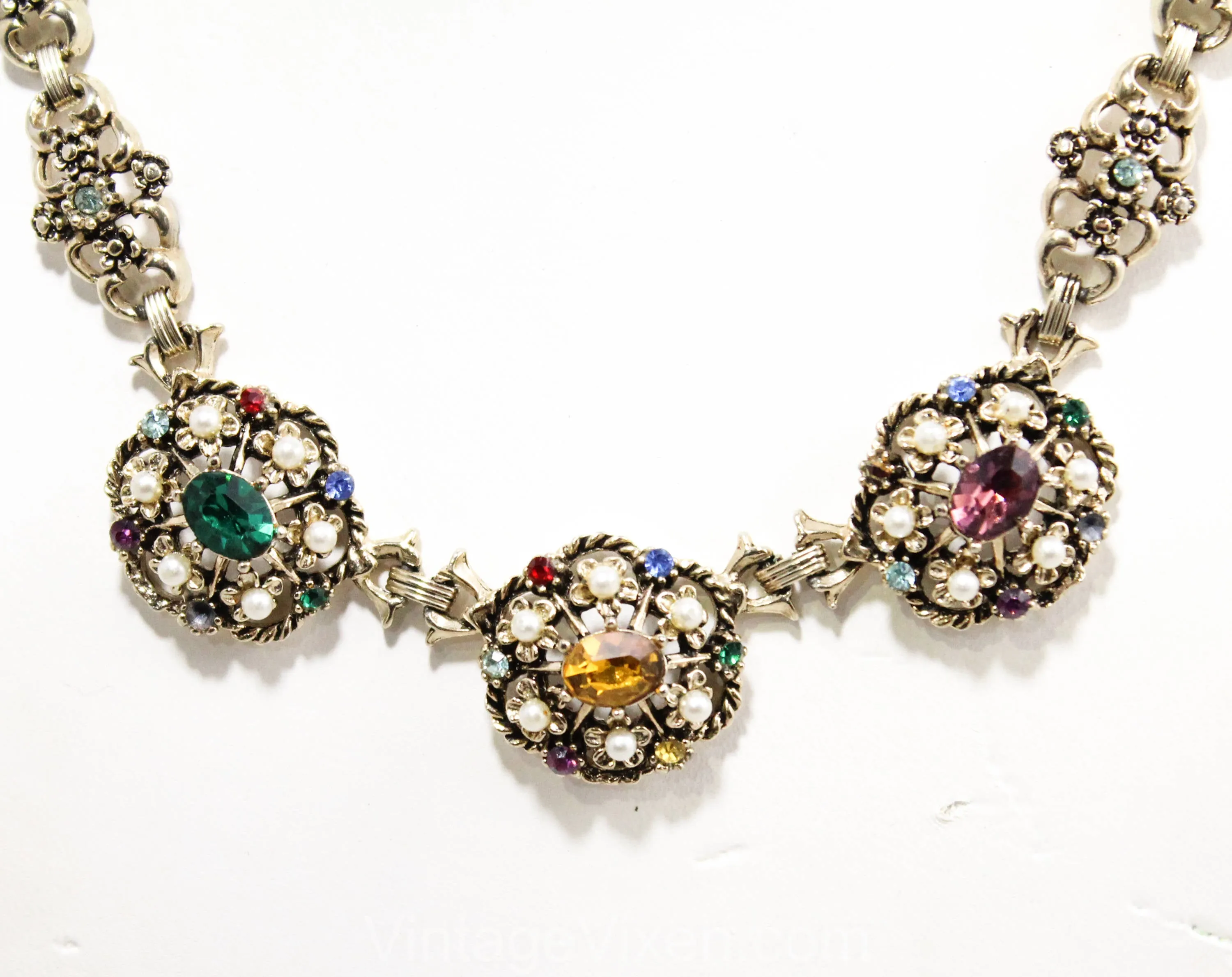 Antique Style Necklace & Earrings - Victorian Look 1950s 1960s Ornate Gold Demi Parure - Green Gold Purple Red Rhinestones and Pearls