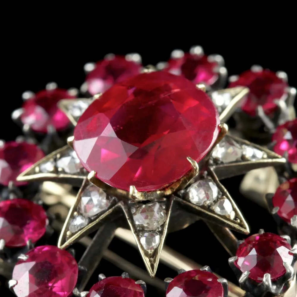 Antique Victorian Star Pendant Brooch Ruby Diamond Gold Circa 1900