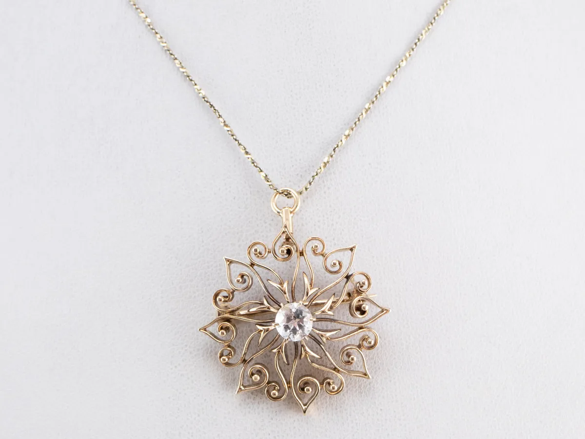 Antique White Sapphire Gold Filigree Brooch Pendant