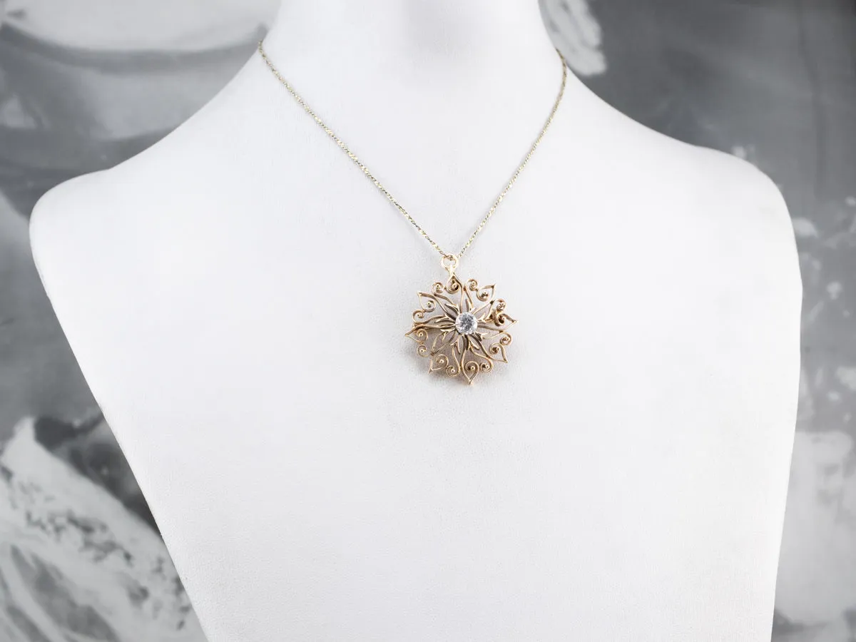 Antique White Sapphire Gold Filigree Brooch Pendant