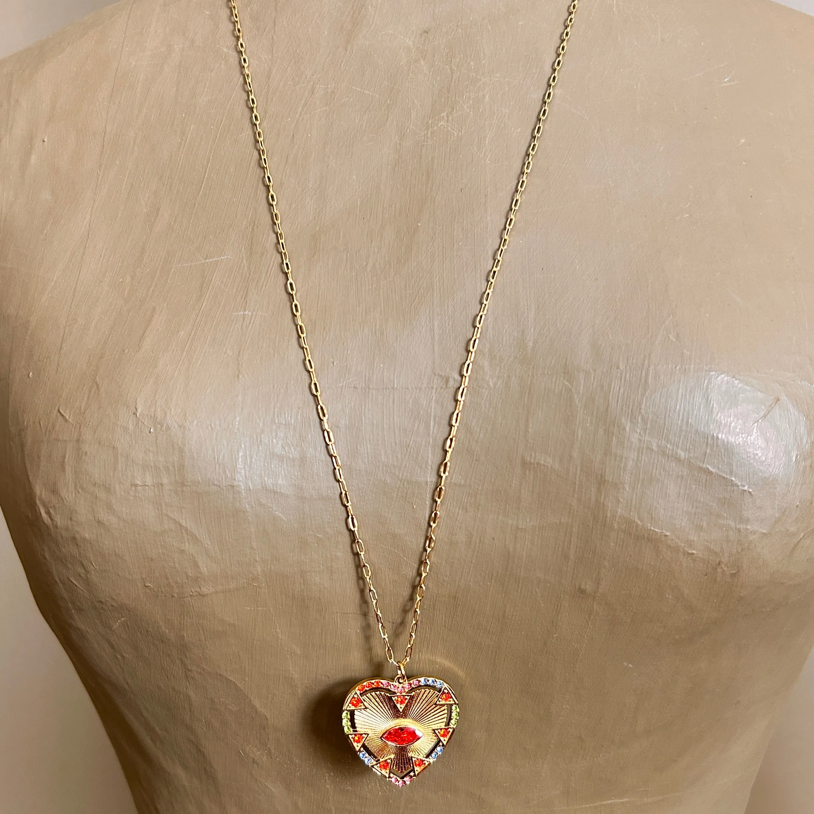 BELLA long chain necklace with blood orange crystal heart and eye pendant