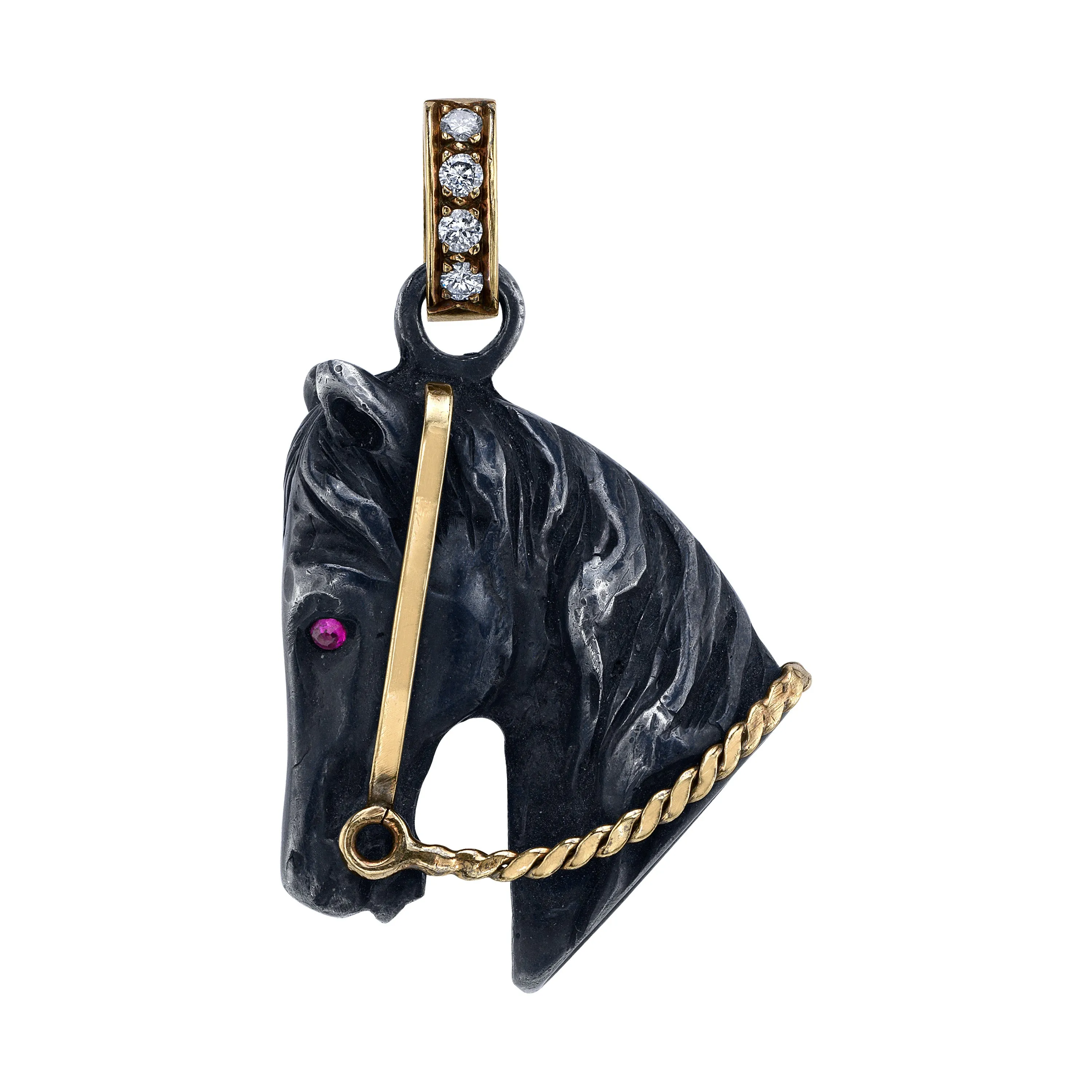 Bespoke Blackened Horse Pendant with Ruby Eyes