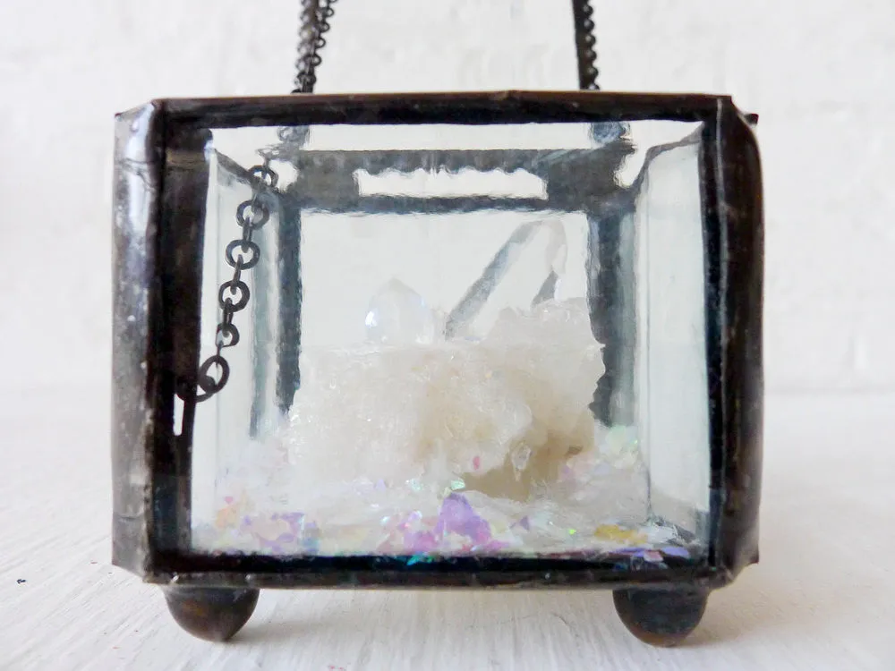 Beveled Glass Jewelry Box with Raw Quartz Crystal Point and Rainbow Mica