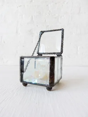 Beveled Glass Jewelry Box with Raw Quartz Crystal Point and Rainbow Mica