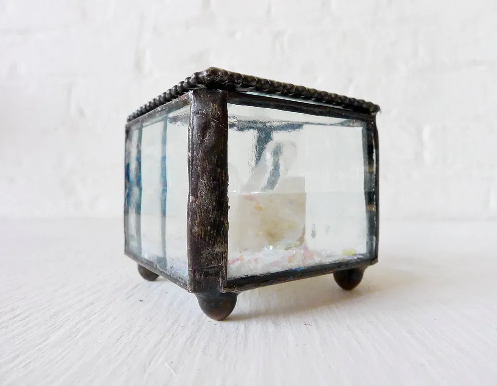 Beveled Glass Jewelry Box with Raw Quartz Crystal Point and Rainbow Mica