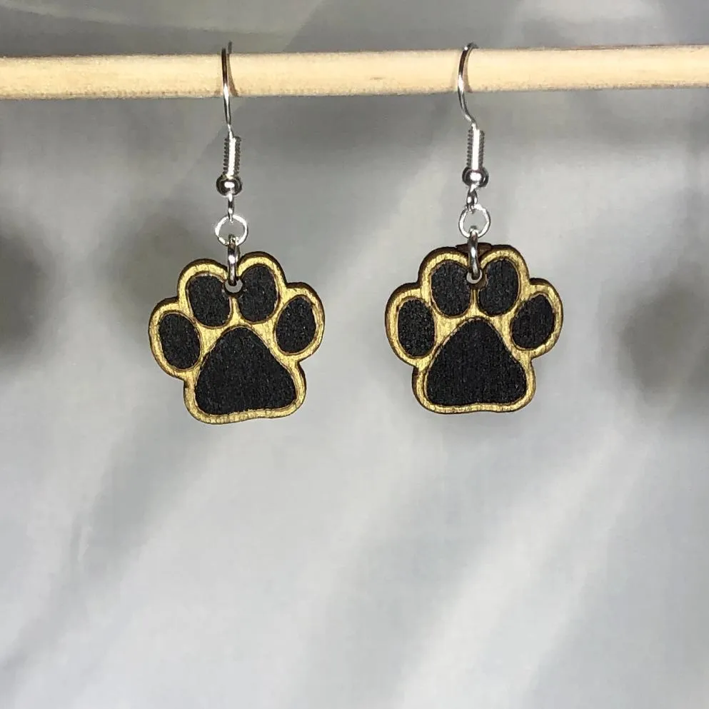 Black and Gold Paw Print Wooden Dangle Earrings by Cate's Concepts, LLC