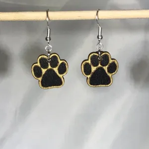 Black and Gold Paw Print Wooden Dangle Earrings by Cate's Concepts, LLC