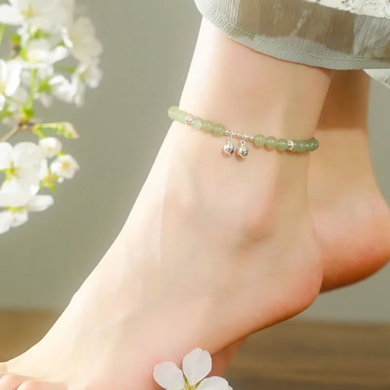 Buddha Stones 925 Sterling Silver Natural Hetian Jade Prosperity Bell Charm Anklet