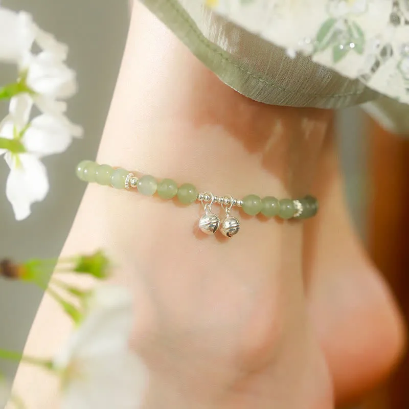 Buddha Stones 925 Sterling Silver Natural Hetian Jade Prosperity Bell Charm Anklet