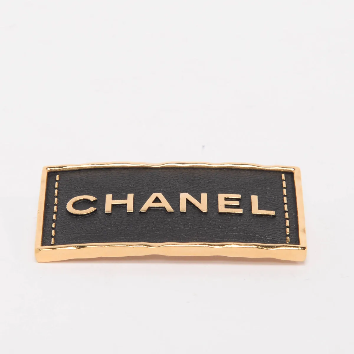 Chanel Gold & Black Leather Logo Plate Brooch