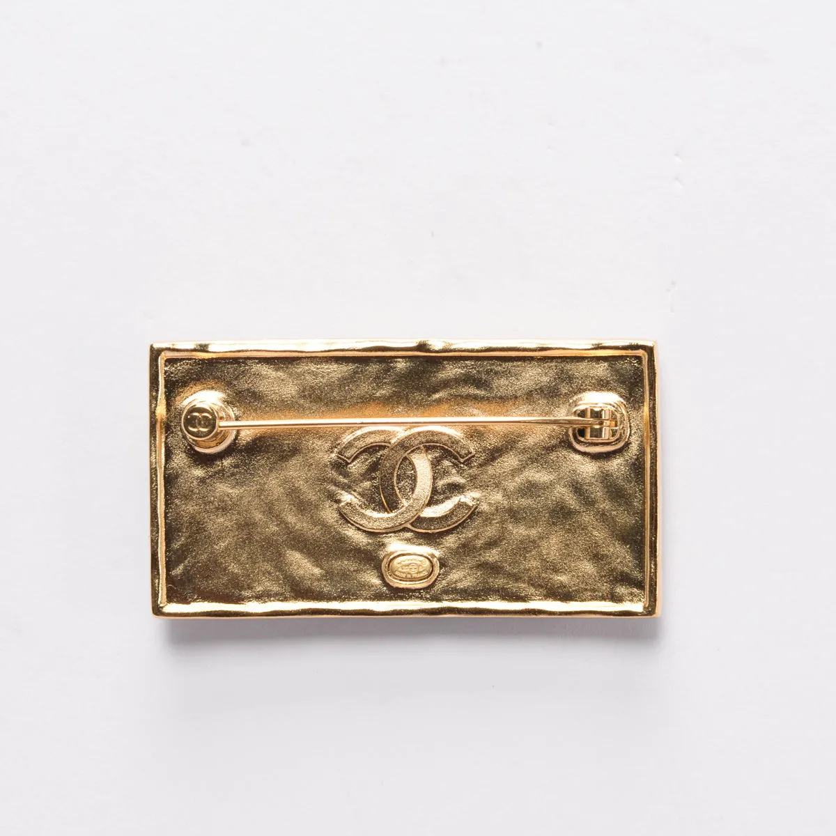 Chanel Gold & Black Leather Logo Plate Brooch