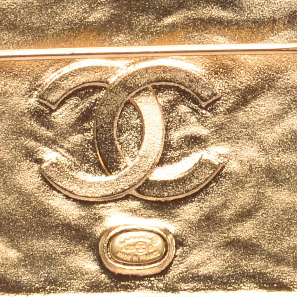 Chanel Gold & Black Leather Logo Plate Brooch