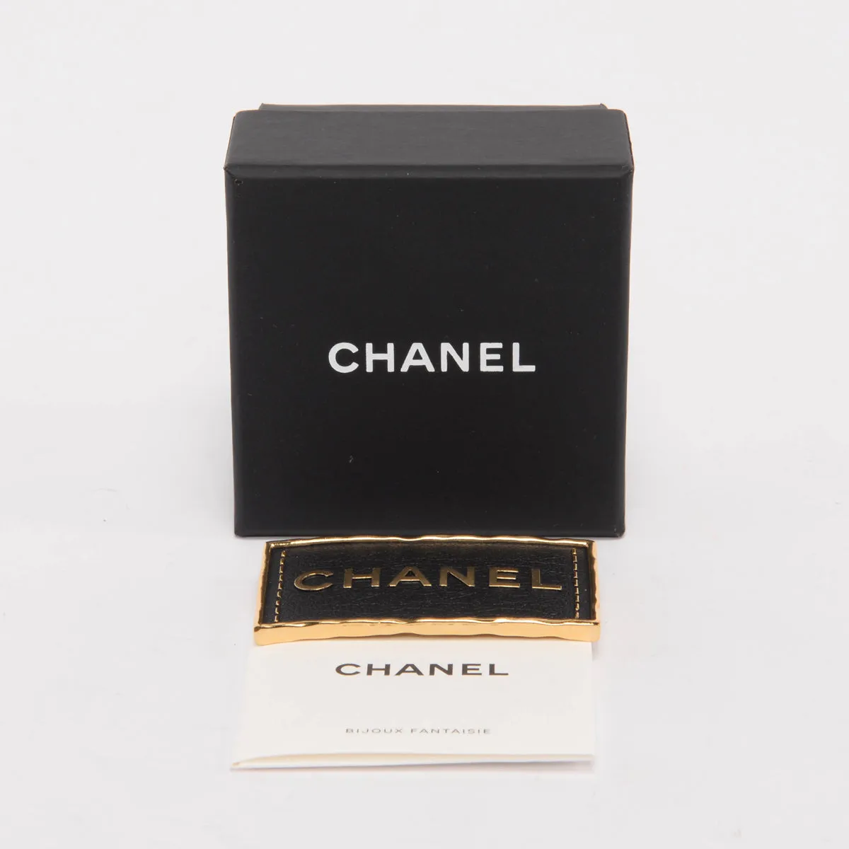 Chanel Gold & Black Leather Logo Plate Brooch