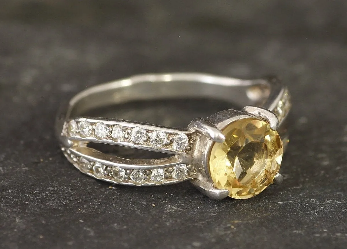 Citrine Ring - Round Yellow Ring - Split Shank Ring