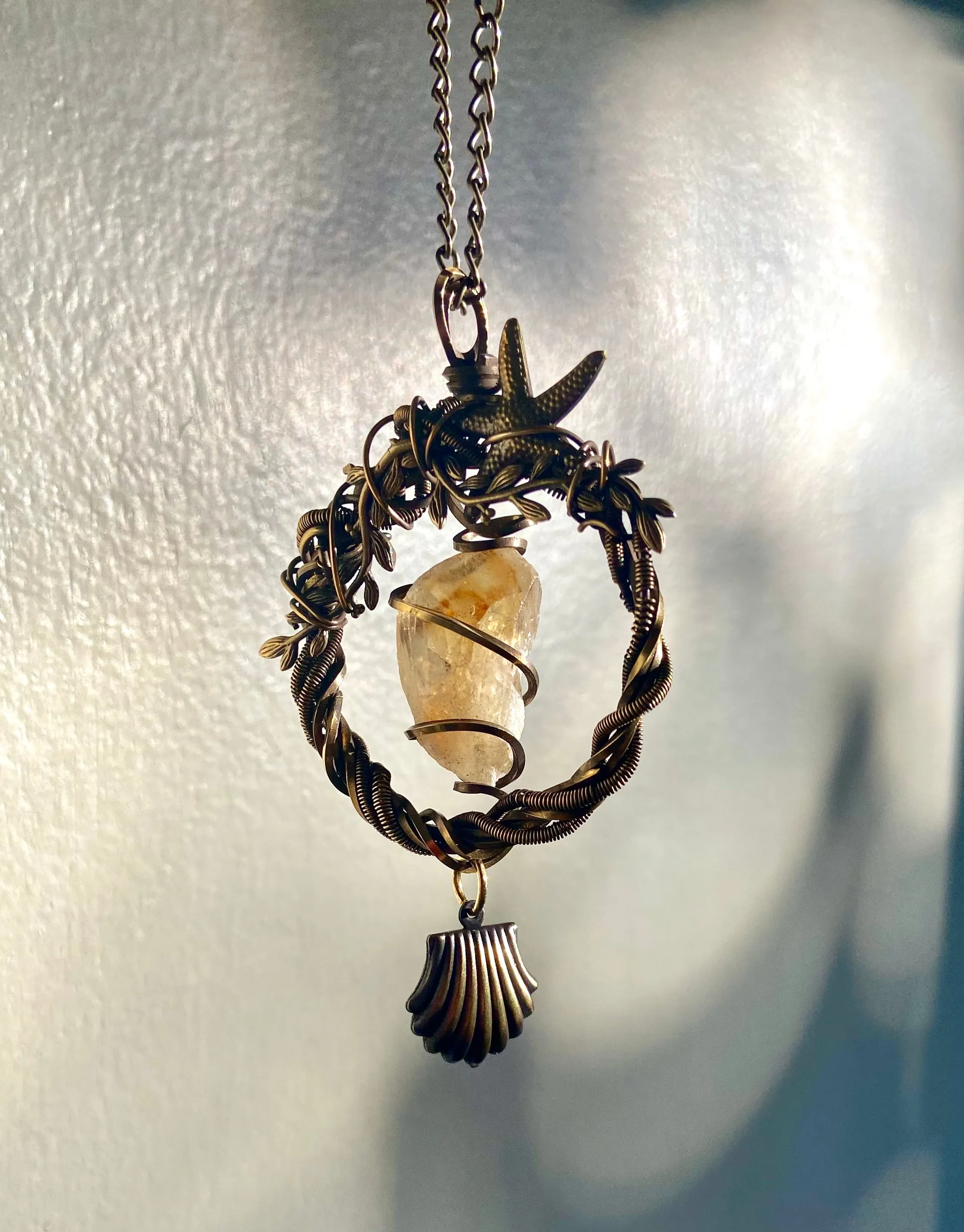 Citrine | Wire wrapped Pendant | Necklace| Boho| Copper | Shell and star| Handmade| Healing gemstone