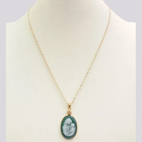 Citrine with Green and White Agate Mother and Child Cameo Necklace