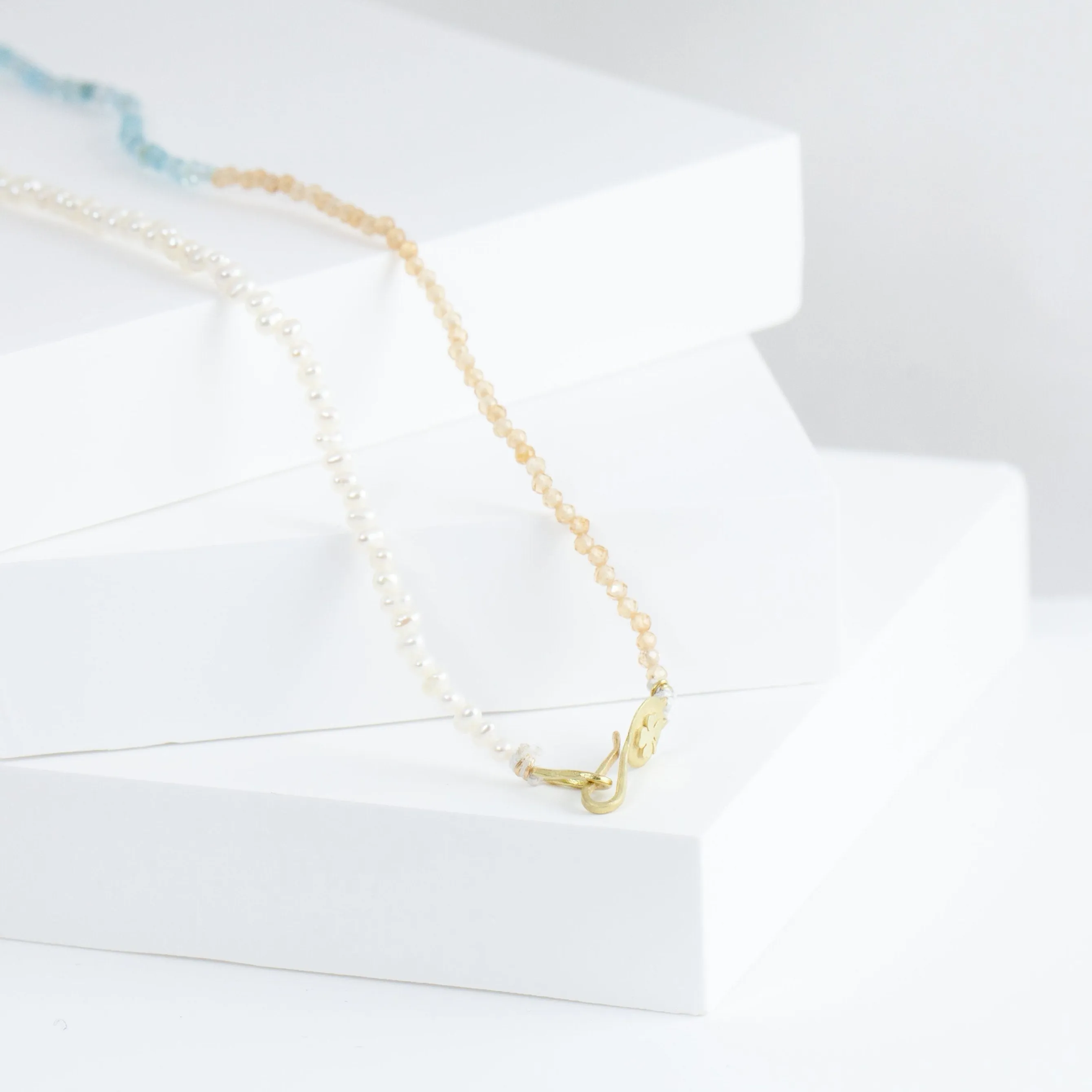 Clover charm pearl, apatite and citrine beads necklace