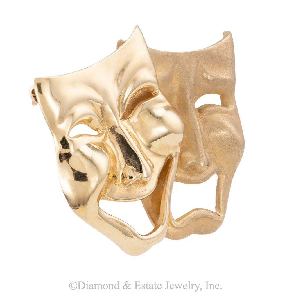 Comedy Tragedy Masks Yellow Gold Brooch