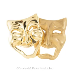 Comedy Tragedy Masks Yellow Gold Brooch