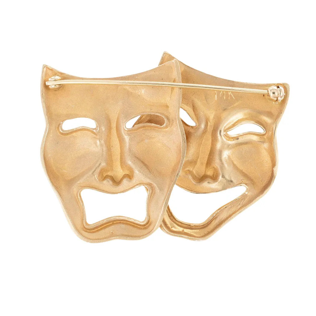 Comedy Tragedy Masks Yellow Gold Brooch