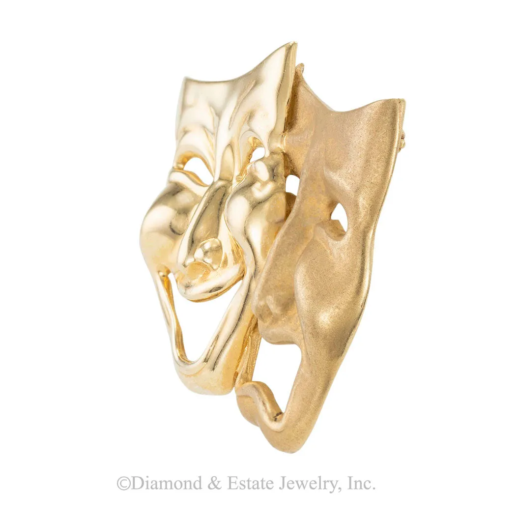Comedy Tragedy Masks Yellow Gold Brooch