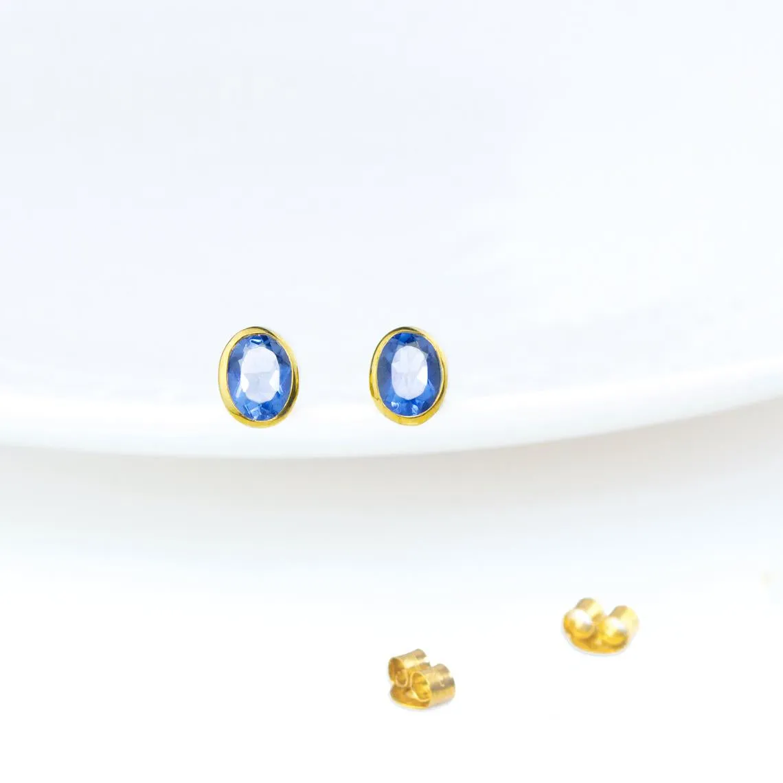 Dainty Birthstone Bezel Set Oval Stud Earrings