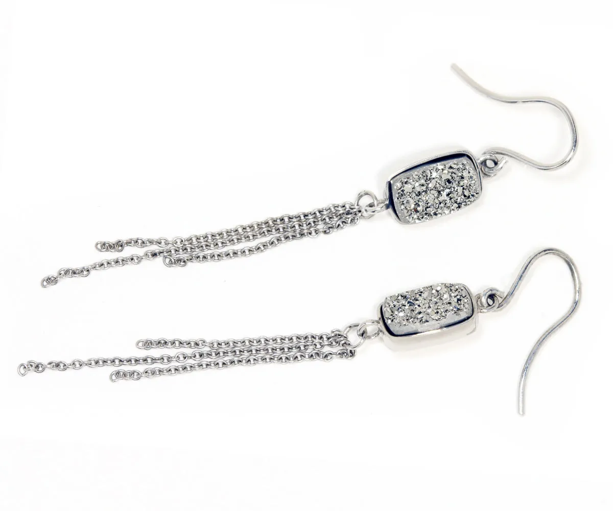Dangling Chain Platinum Druzy Earrings