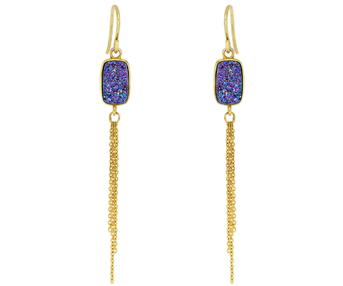 Dangling Chain Purple Rainbow Druzy 14k Vermeil Earrings