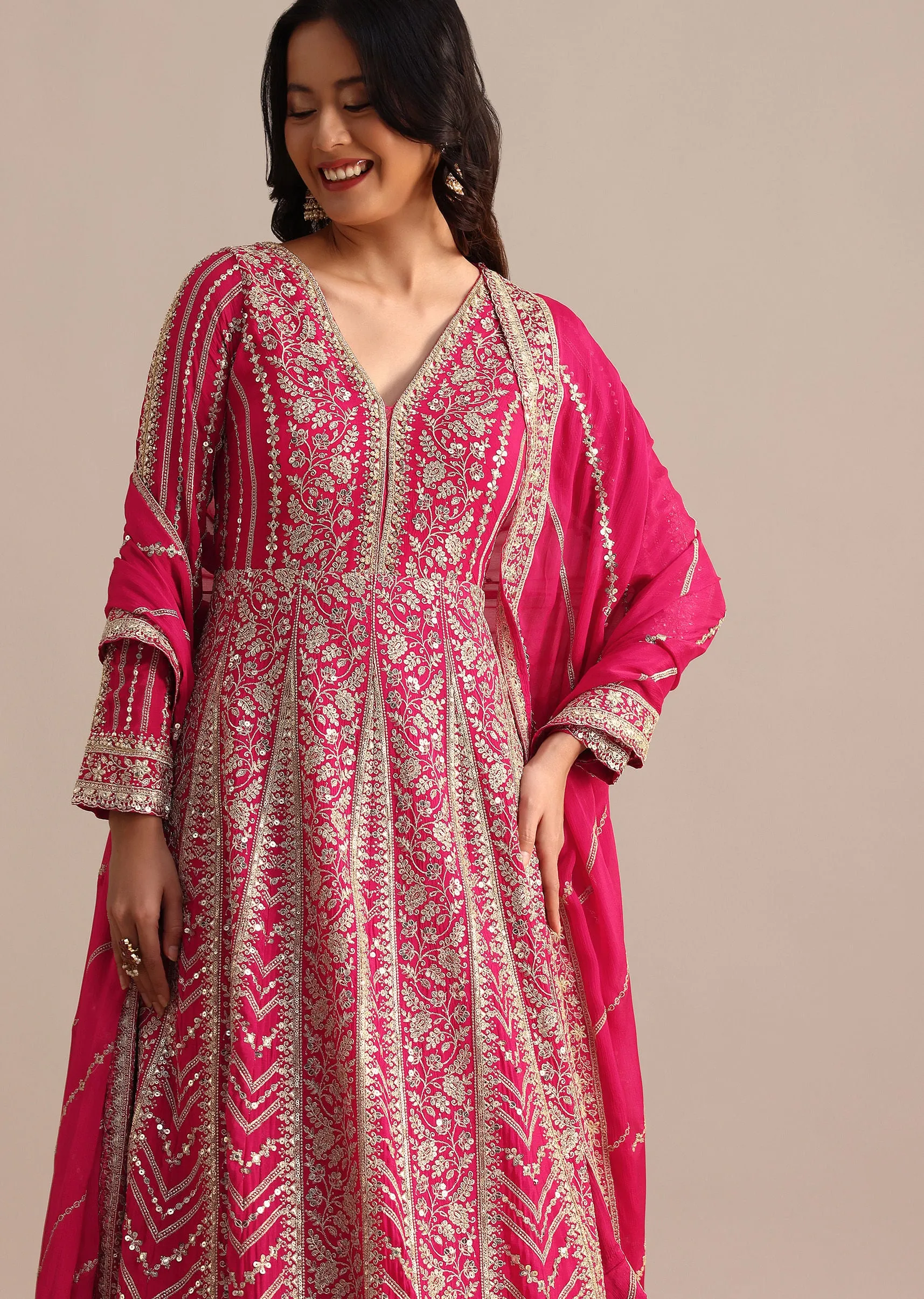 Dark Pink Silk Zari Embroidered Anarkali Suit