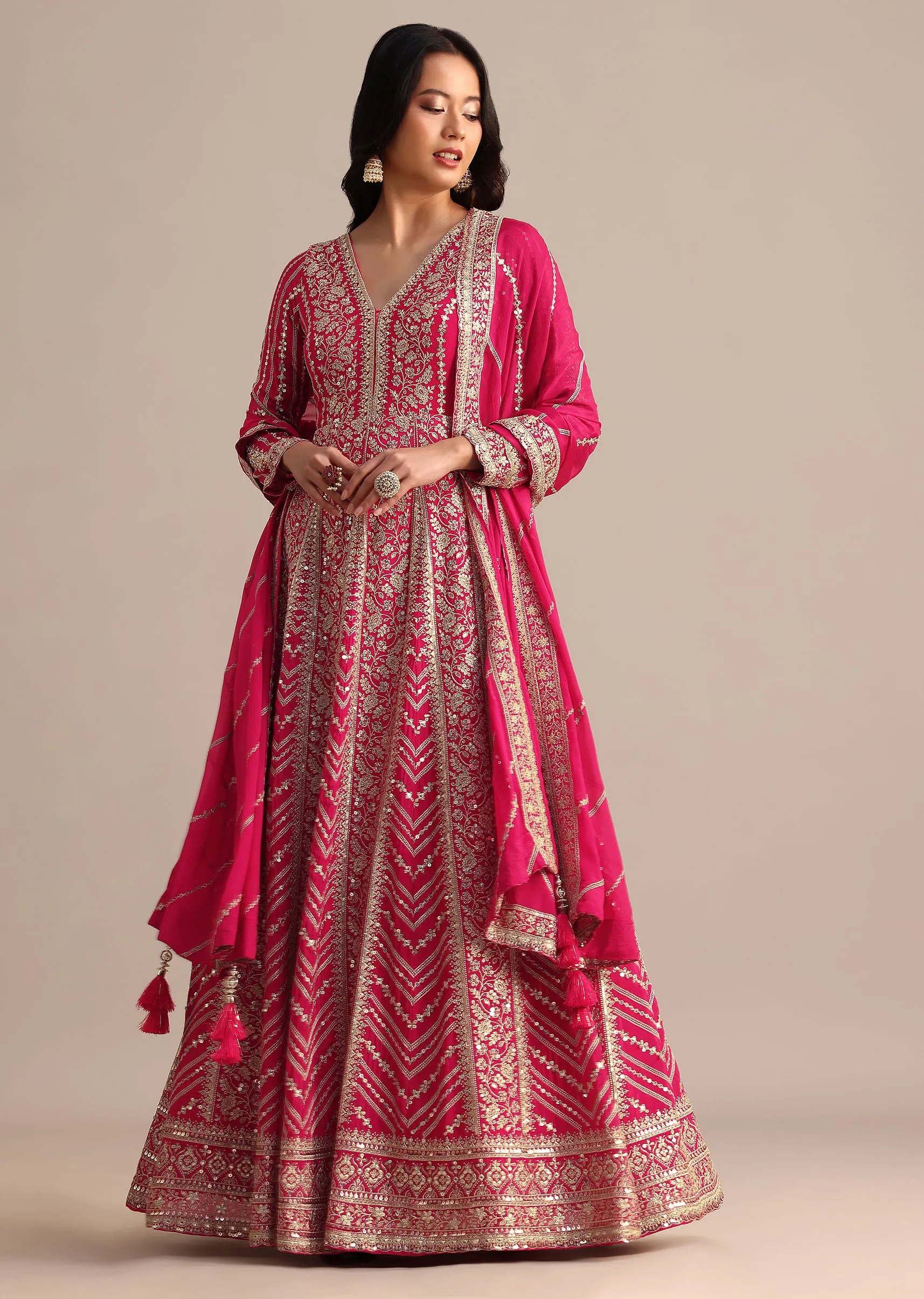 Dark Pink Silk Zari Embroidered Anarkali Suit