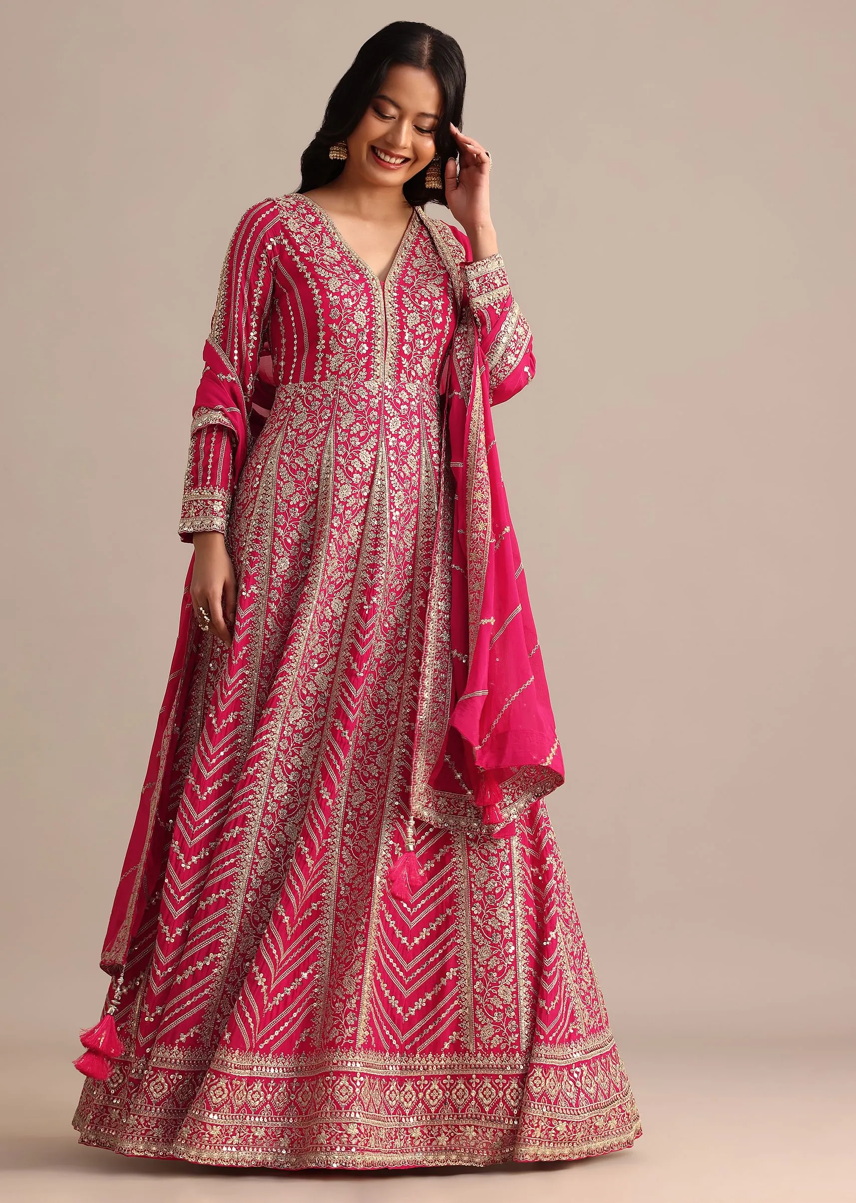 Dark Pink Silk Zari Embroidered Anarkali Suit