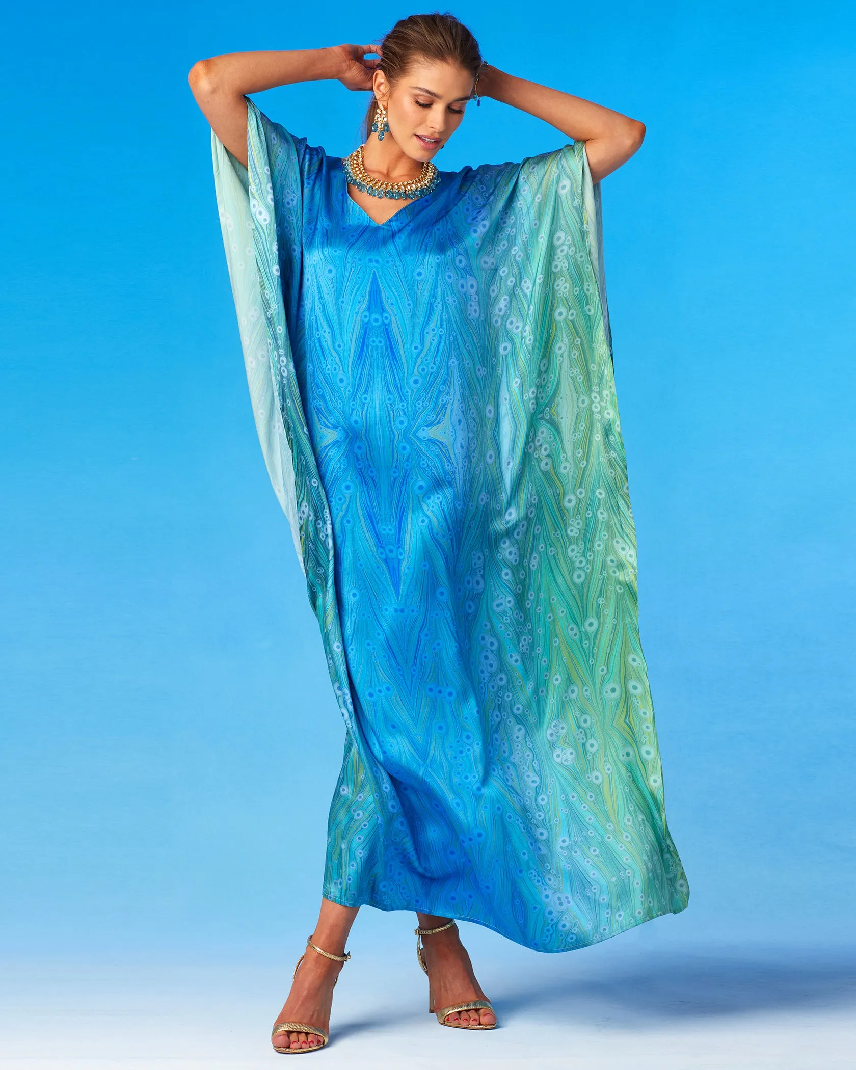 Delfina Silk Kaftan in Sea Nymph Blues