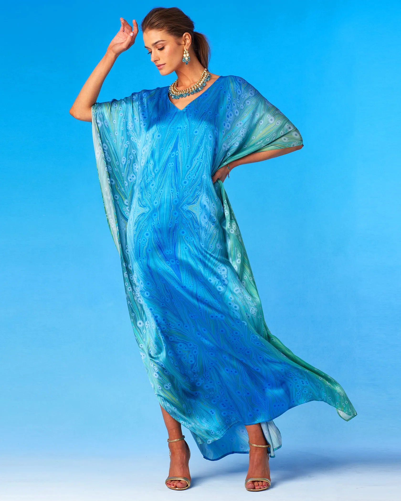 Delfina Silk Kaftan in Sea Nymph Blues