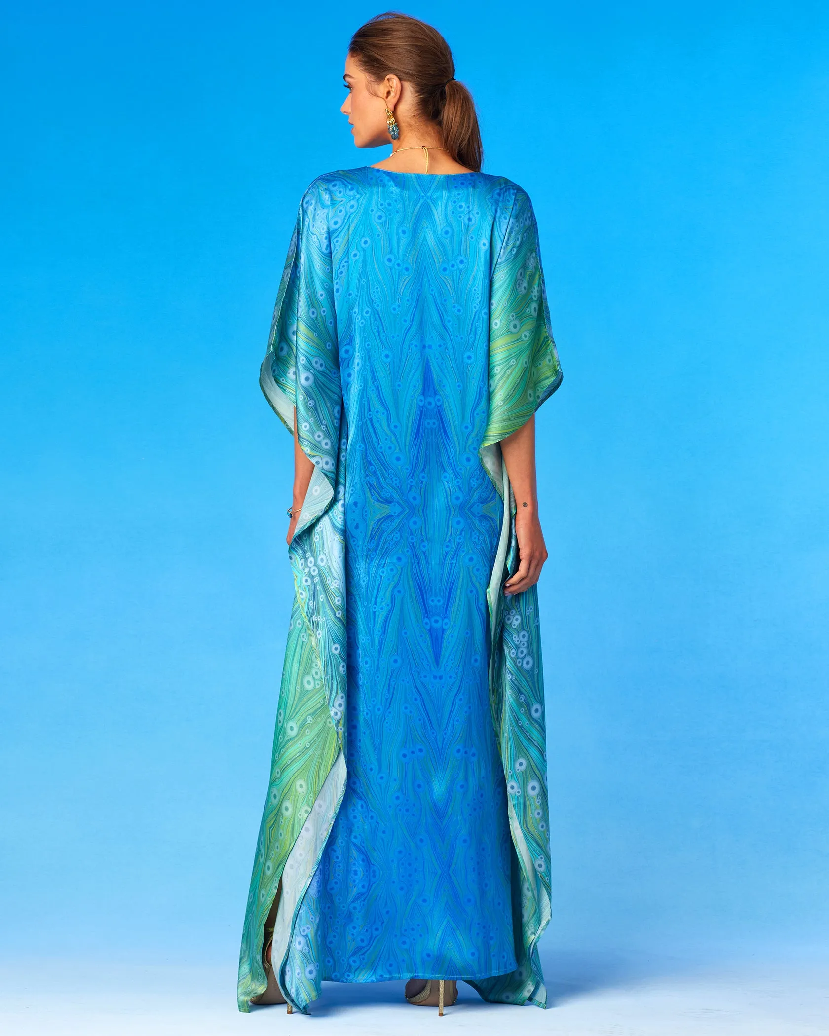 Delfina Silk Kaftan in Sea Nymph Blues