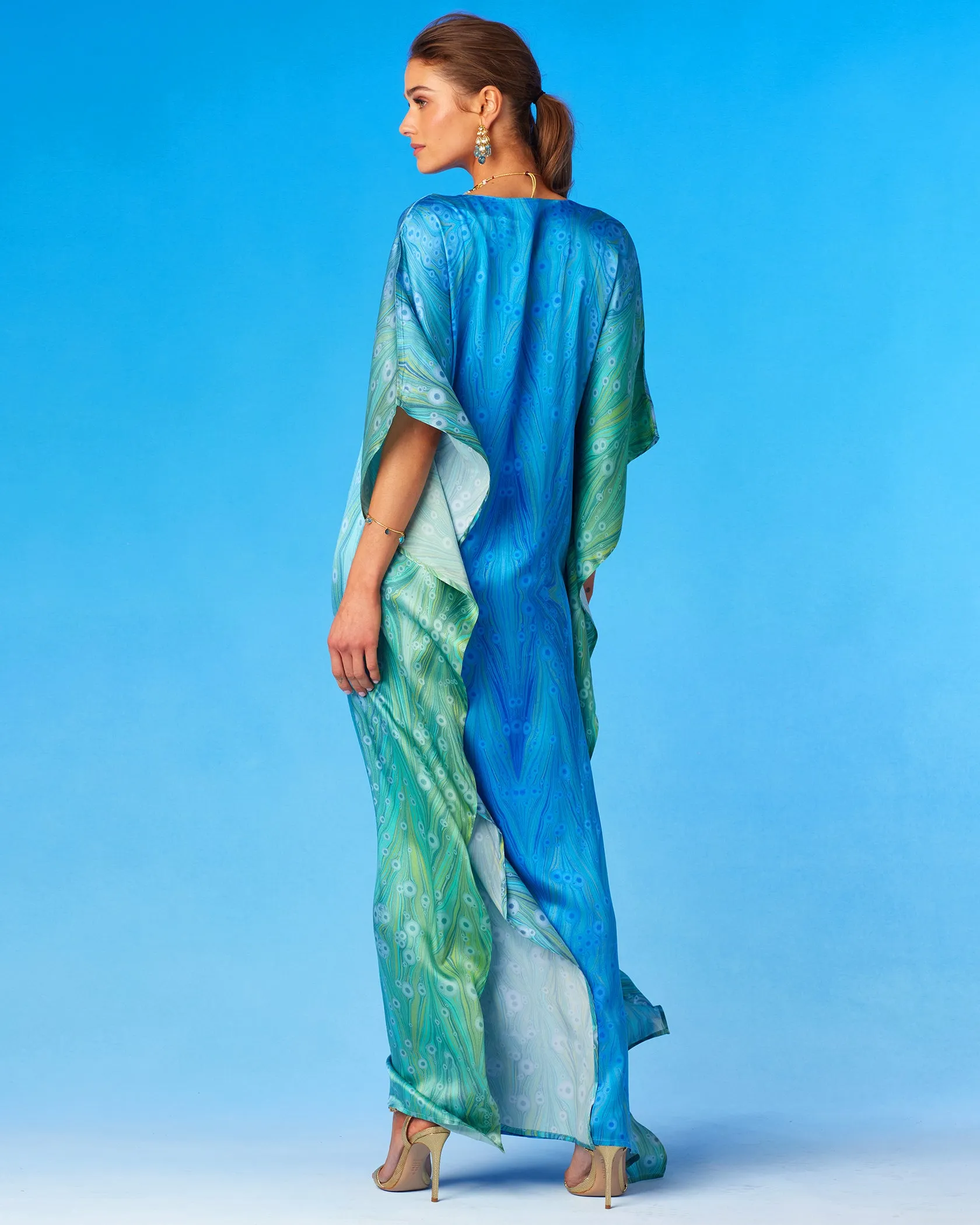 Delfina Silk Kaftan in Sea Nymph Blues