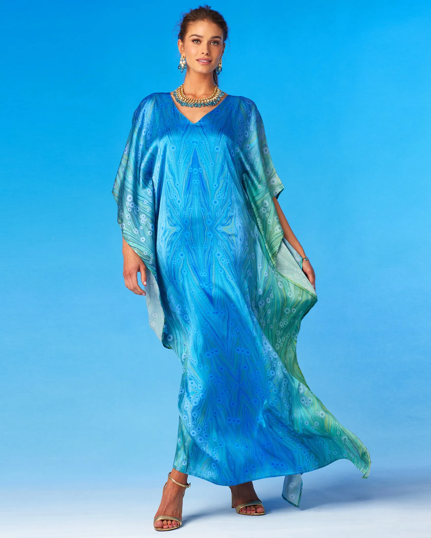 Delfina Silk Kaftan in Sea Nymph Blues