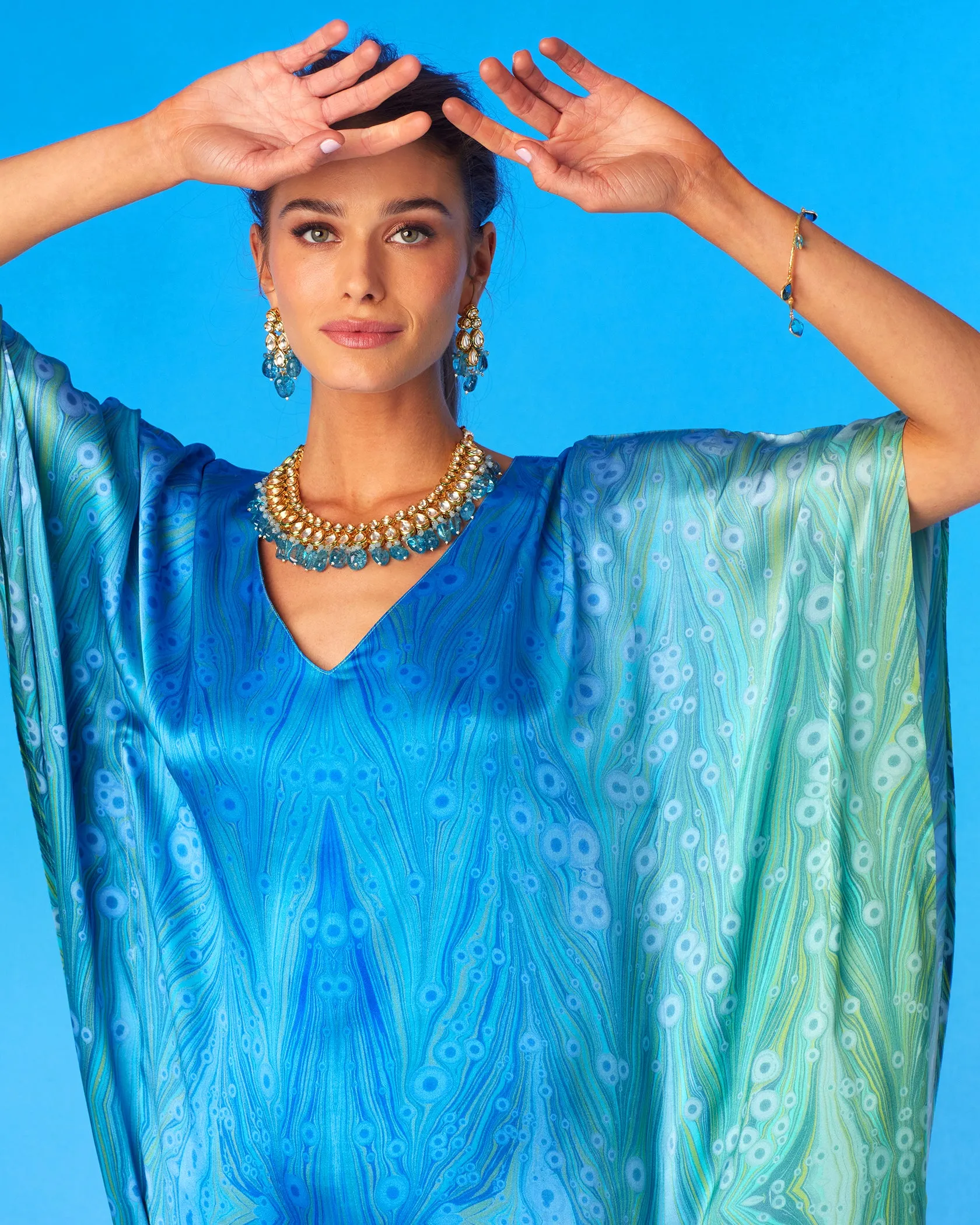Delfina Silk Kaftan in Sea Nymph Blues