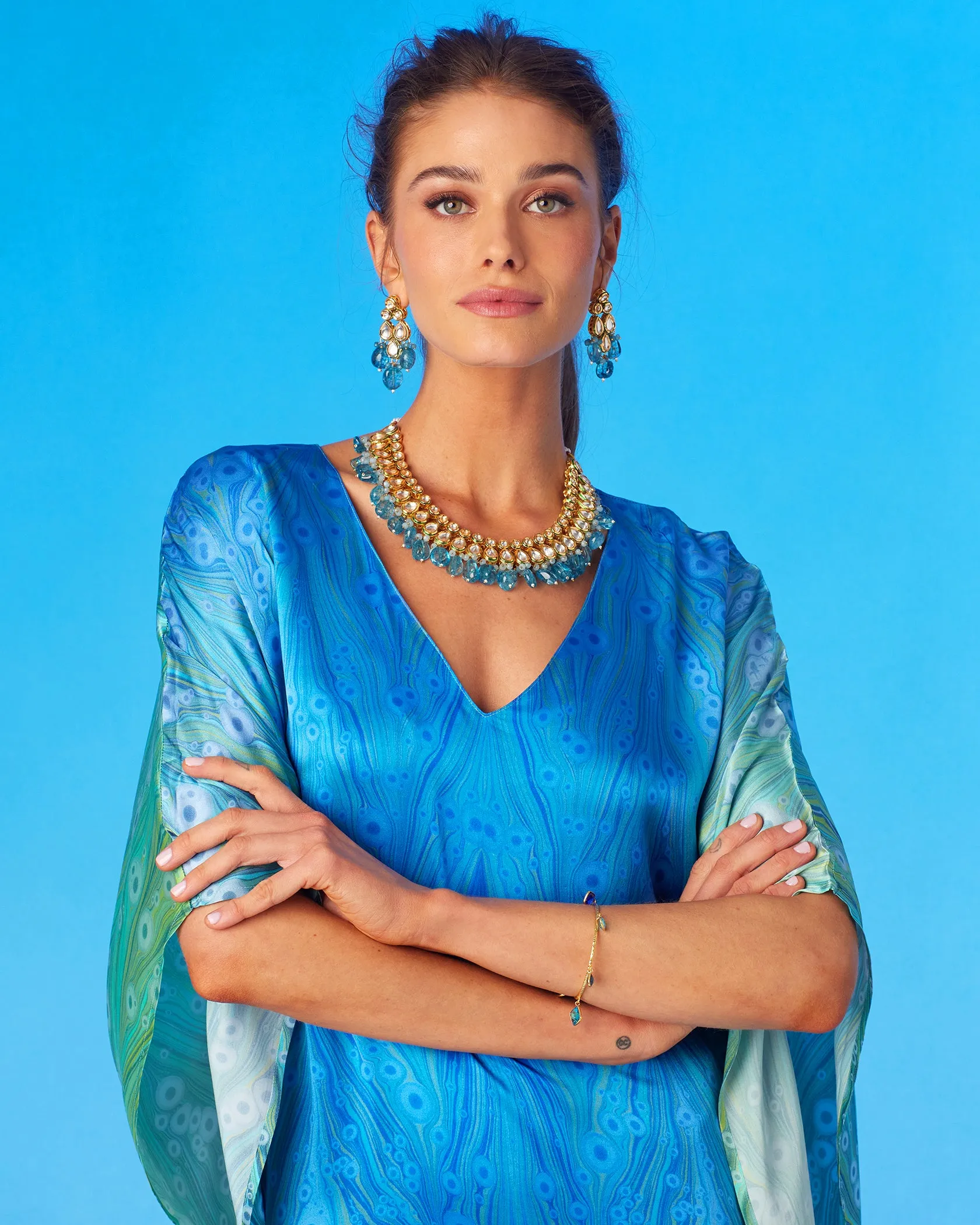 Delfina Silk Kaftan in Sea Nymph Blues