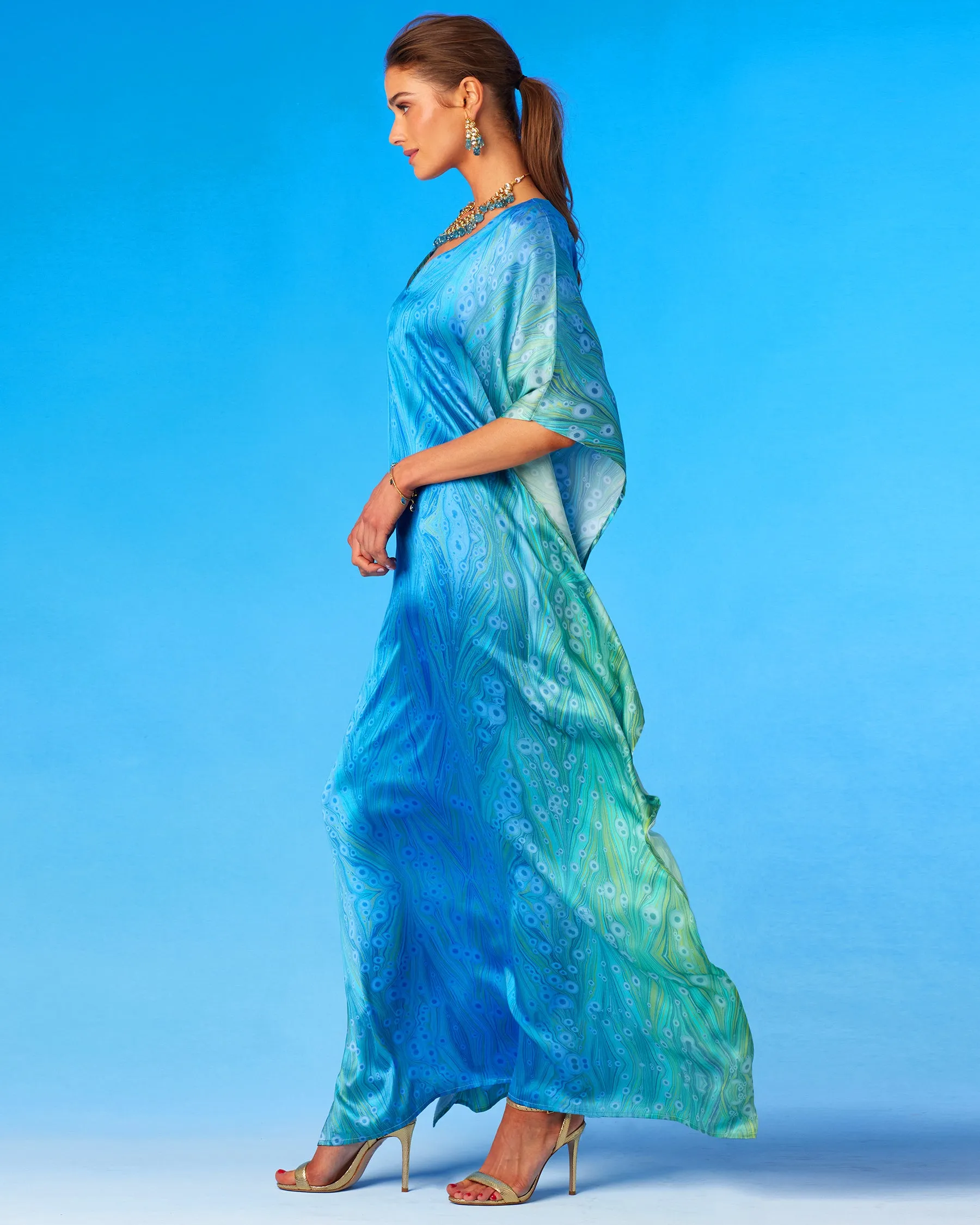 Delfina Silk Kaftan in Sea Nymph Blues