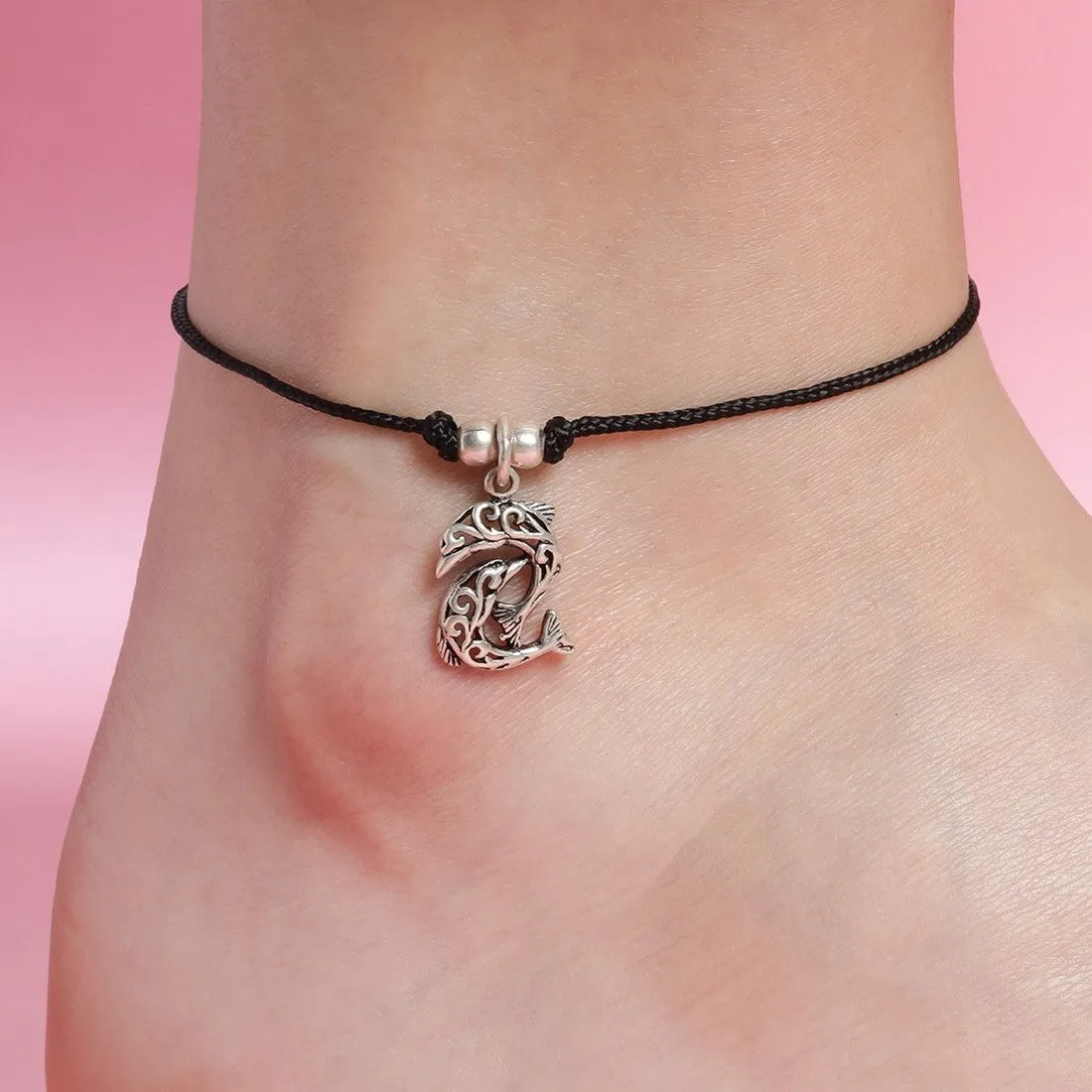 Dolphin Rhodium Plated 925 Sterling Silver Thread Anklet