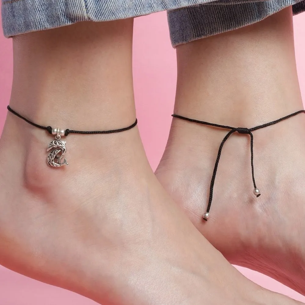 Dolphin Rhodium Plated 925 Sterling Silver Thread Anklet